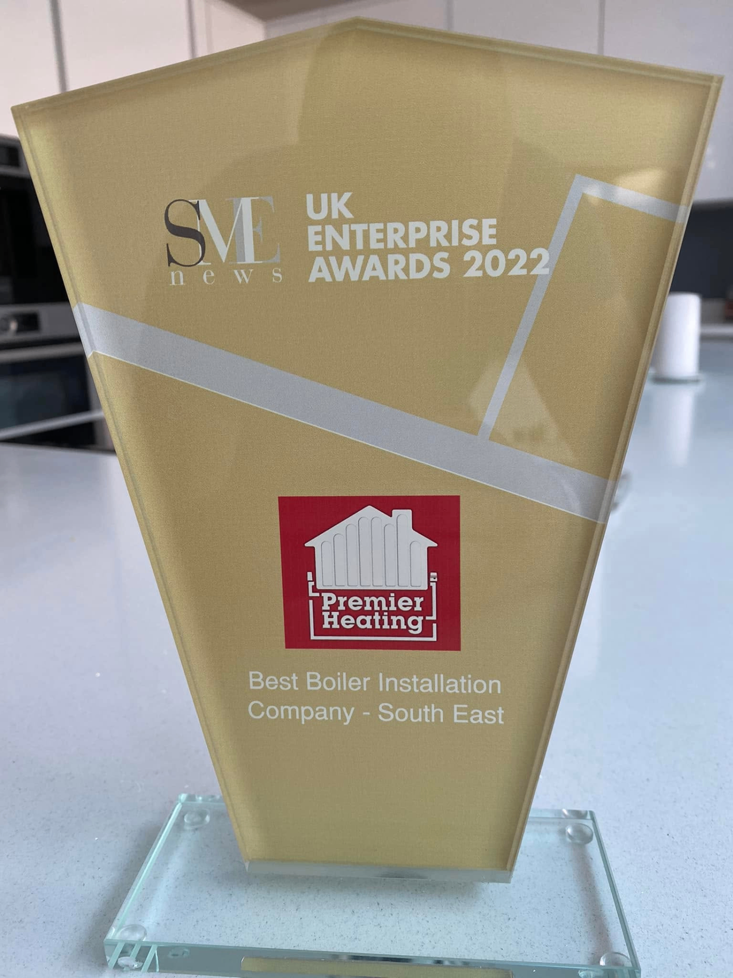SME News UK Enterprise Awards 2022 trophy — Best Boiler Installation Company, South East, awarded to Premier Heating