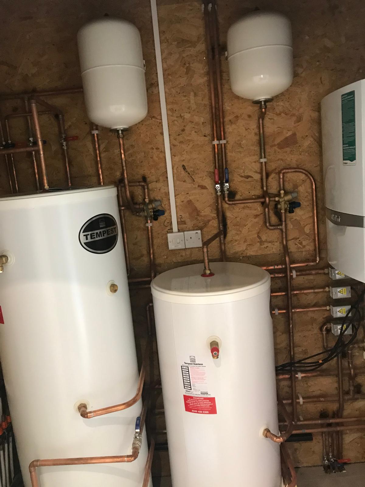 Twin unvented hot water cylinders with copper primary pipework