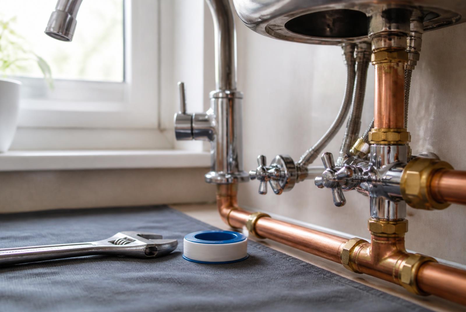 Chrome mixer tap with copper supply pipework, isolation valves and an adjustable spanner under a kitchen sink — general plumbing by Premier Heating