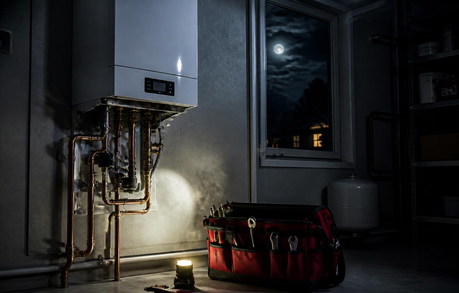 Emergency boiler call-out scene at night with a torch-lit gas combi boiler and open engineer's tool bag